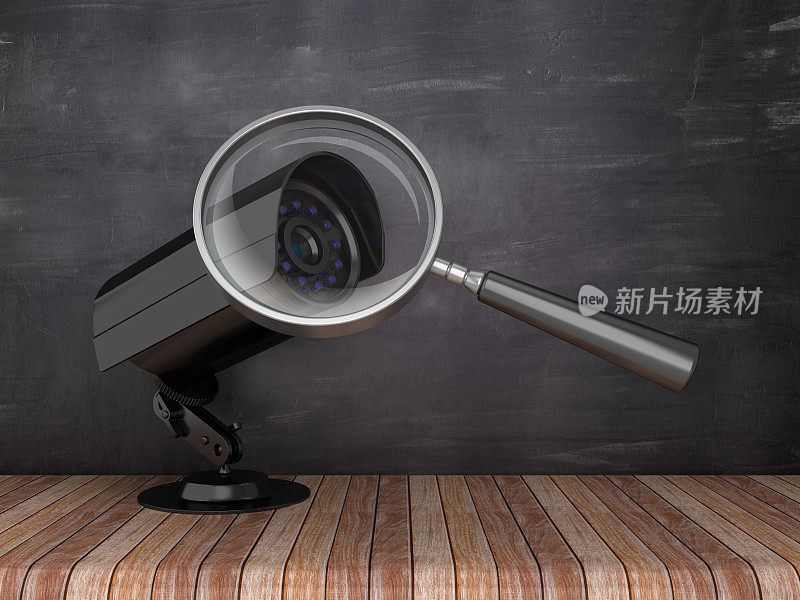 放大镜与安全摄像头在黑板背景- 3D渲染